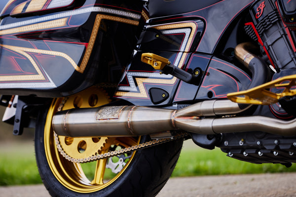 Hart Luck exhaust on Indian Challenger motorcycle